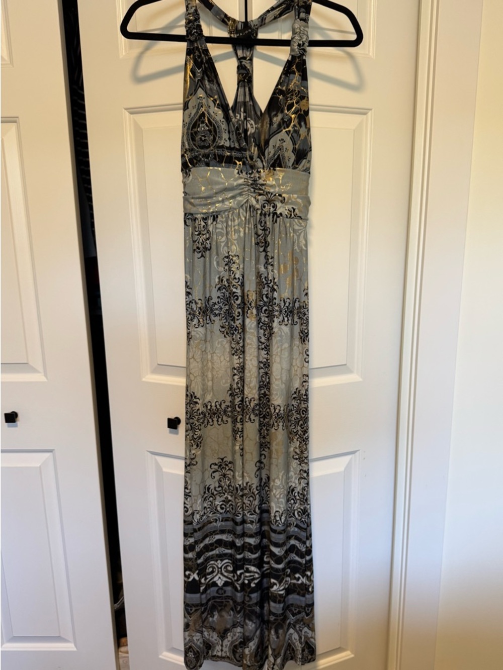 Elegant Halter Maxi Dress in Gray, Black & Gold
